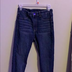 Dark washed, high rise jeans. No rips.